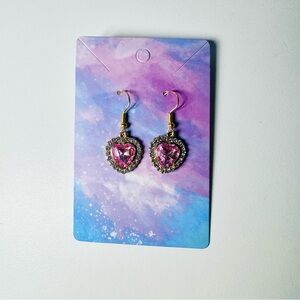 Pink heart rhinestone gold stainless steel hooks dangle earrings